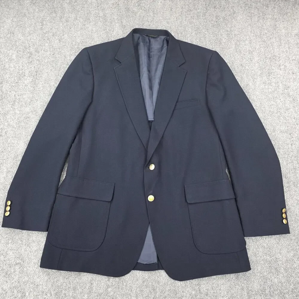 Vintage Perma-Prest Blazer Mens 46 Long Navy Gold Buttons USA Classic Collection